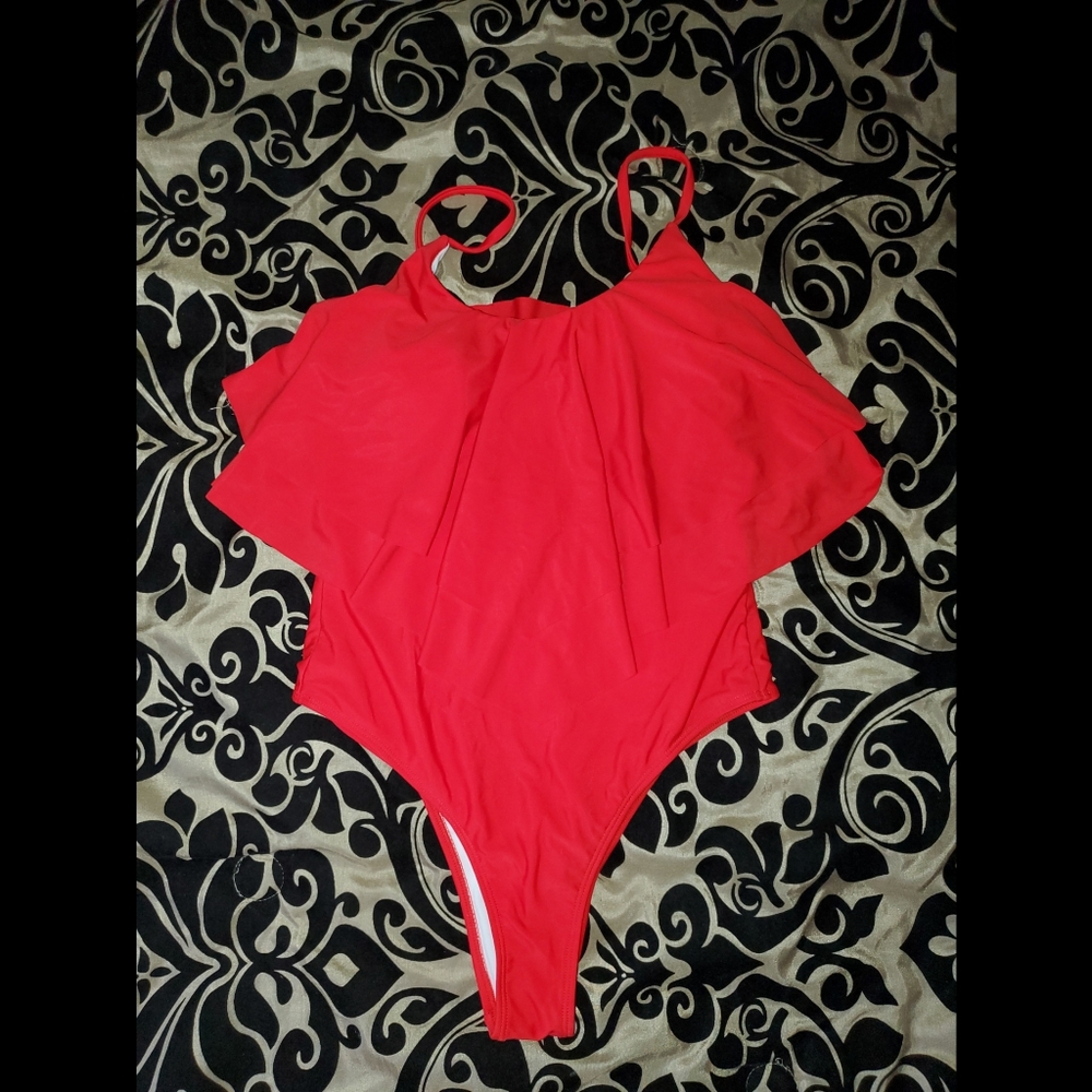 High Waist ruffle red one piece swimsuit